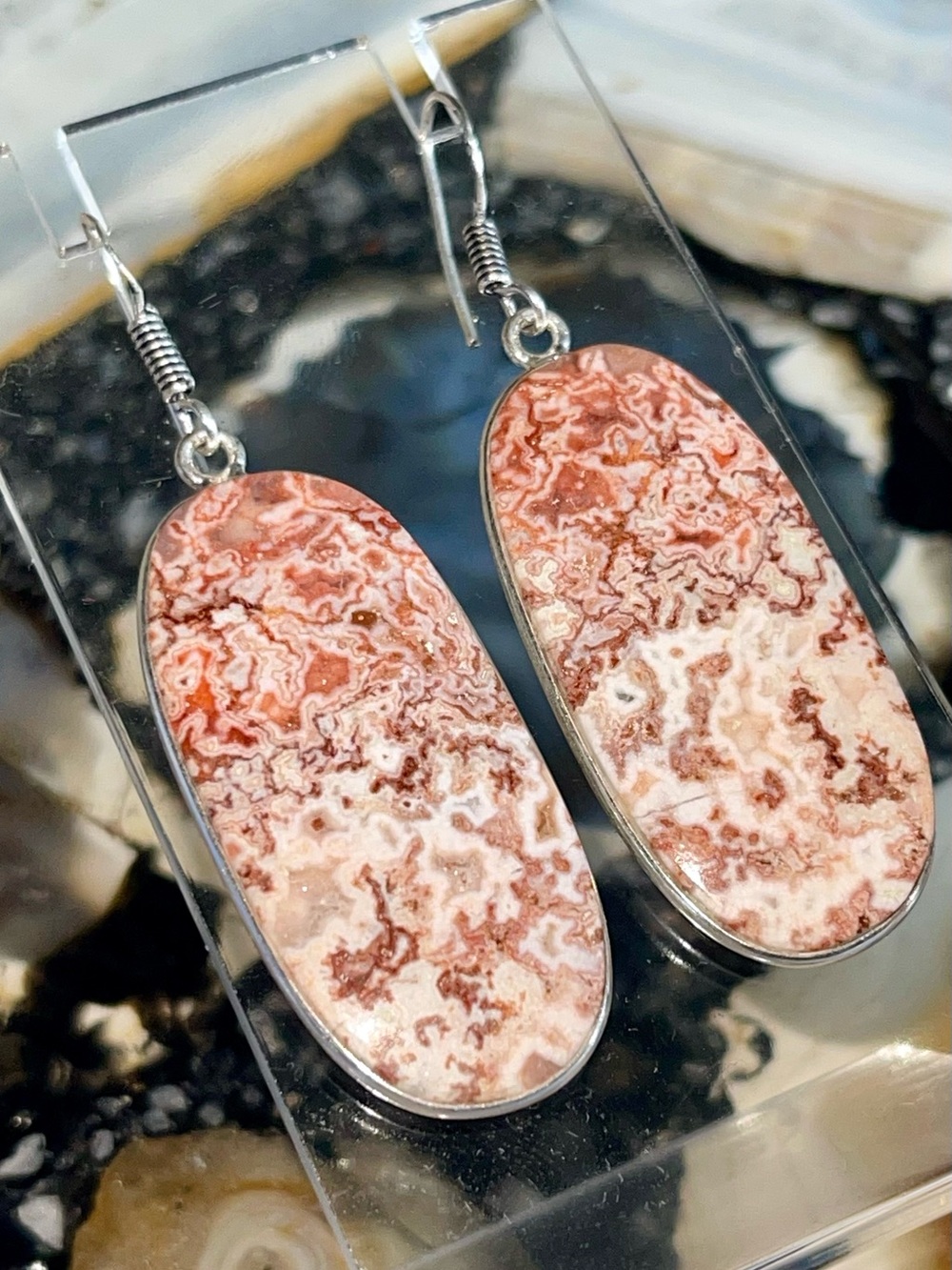 Crazy Lace Agate Earrings 2 1/4”